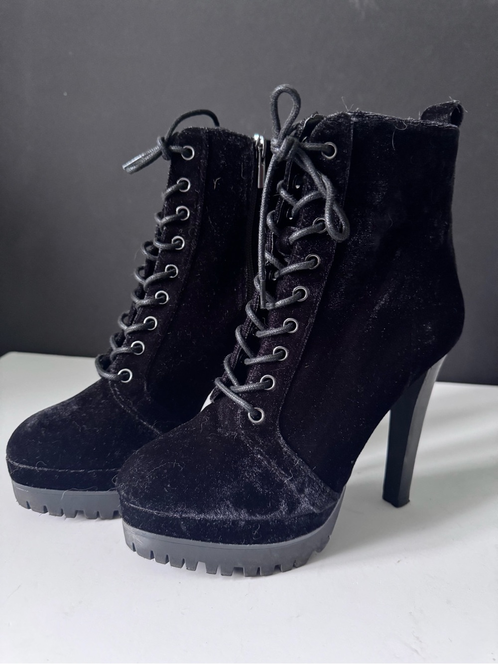 Aldo Black Velvet Lace-Up Platform Ankle Boots